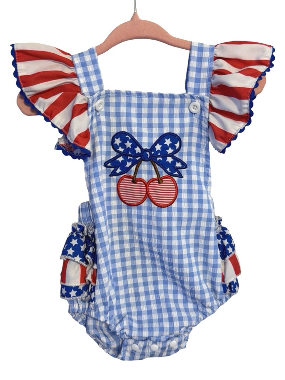 Baby Girl 4th of July Cherry Bubble Romper Blue Red Plaid Ruffle Bottom SZ 3-6 M